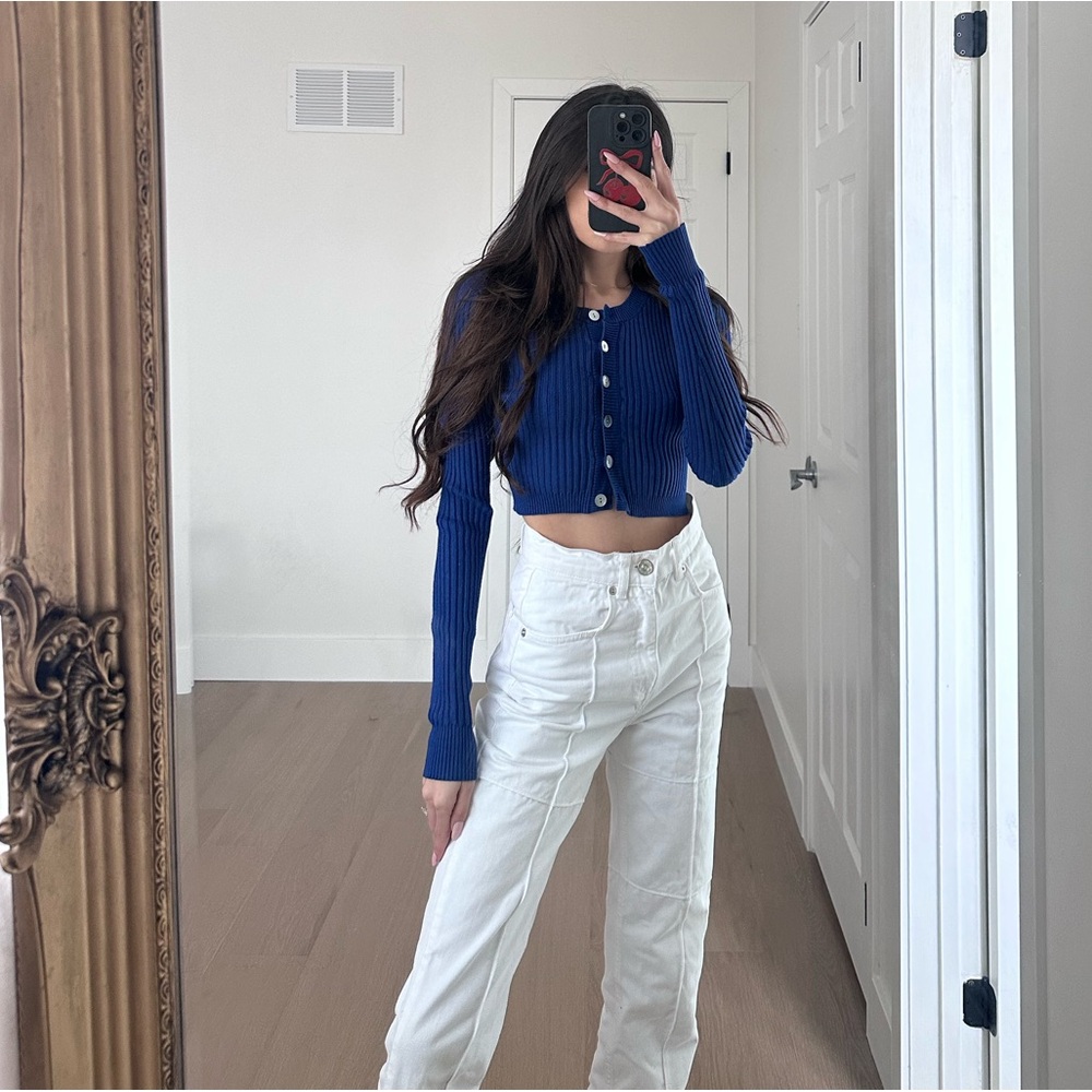437 Royal Blue Cropped Pearl Button Cardigan